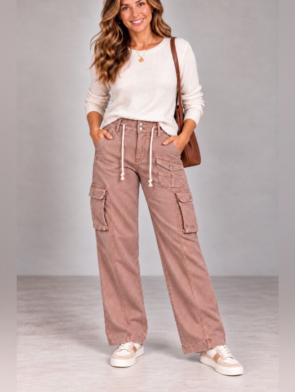 RISEN Mauve Cargo Straight Leg Pants Drawstring NWT 7/28 A352